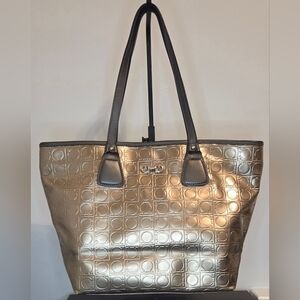 Salvatore Ferragamo Metallic Mercurio Gancini Embossed Tote Bag Bronze Gold